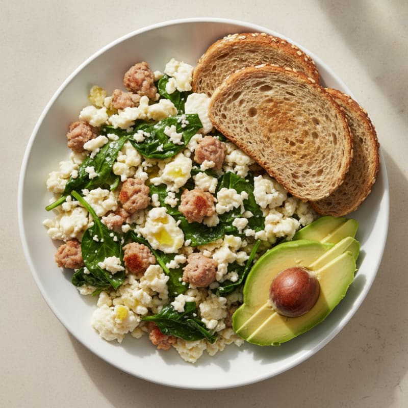 Egg White Spinach Scramble with Turkey Sausage