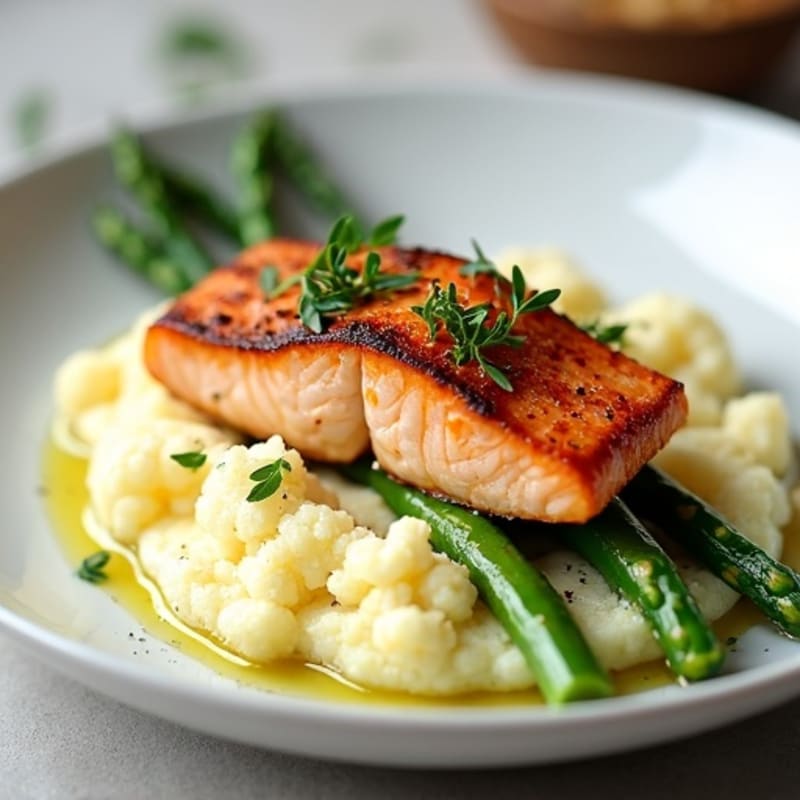 Seared Salmon Fillet with Steamed Asparagus and Cauliflower Mash