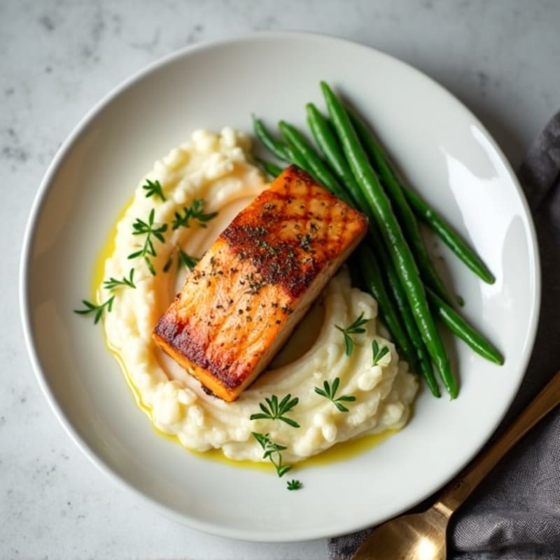 Seared Salmon Fillet with Garlic Green Beans and Cauliflower Mash