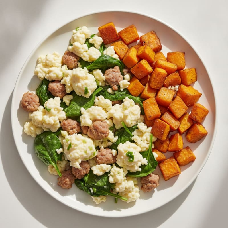 Egg White and Turkey Sausage Scramble with Spinach and Roasted Sweet Potato