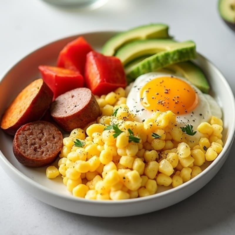 Egg White Scramble with Turkey Sausage and Roasted Sweet Potato