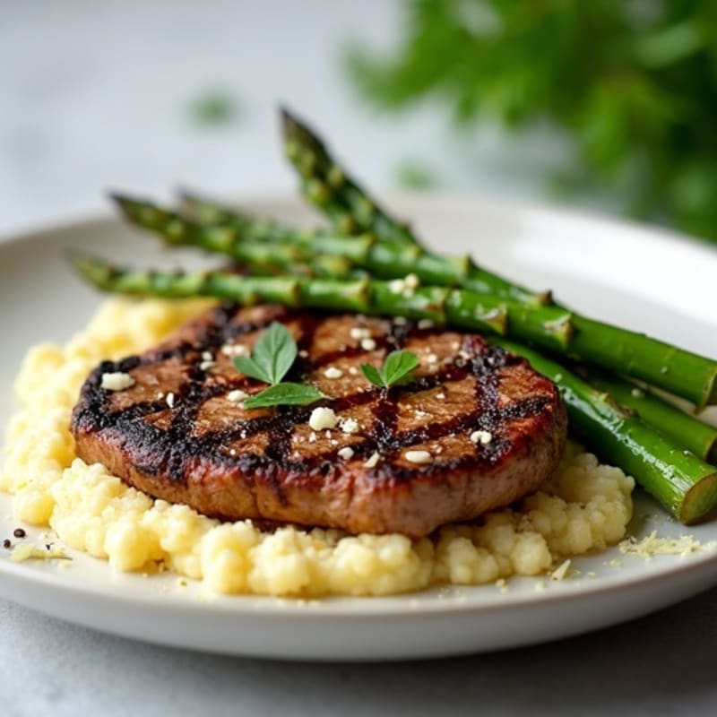 Grilled Lean Beef Steak with Steamed Asparagus and Cauliflower Mash