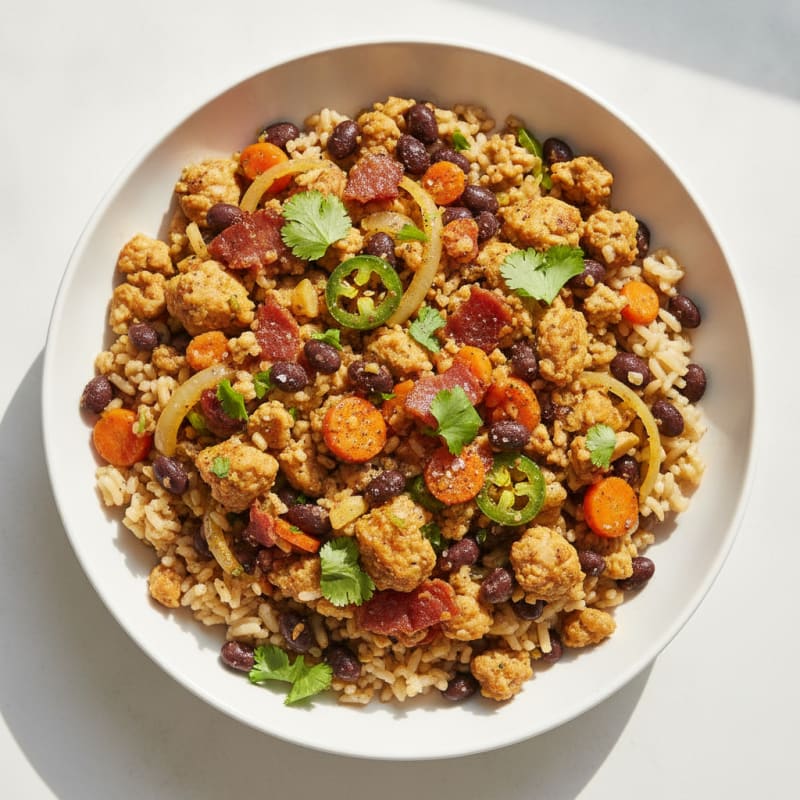 Spicy Ground Chicken and Black Bean Rice Bowl
