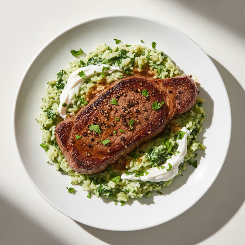 Tender Peppercorn Steak with Creamy Rice