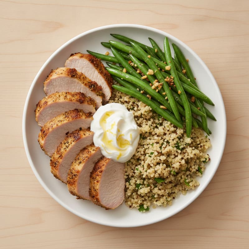 Herb-Rubbed Pork Tenderloin with Garlic Green Beans and Quinoa