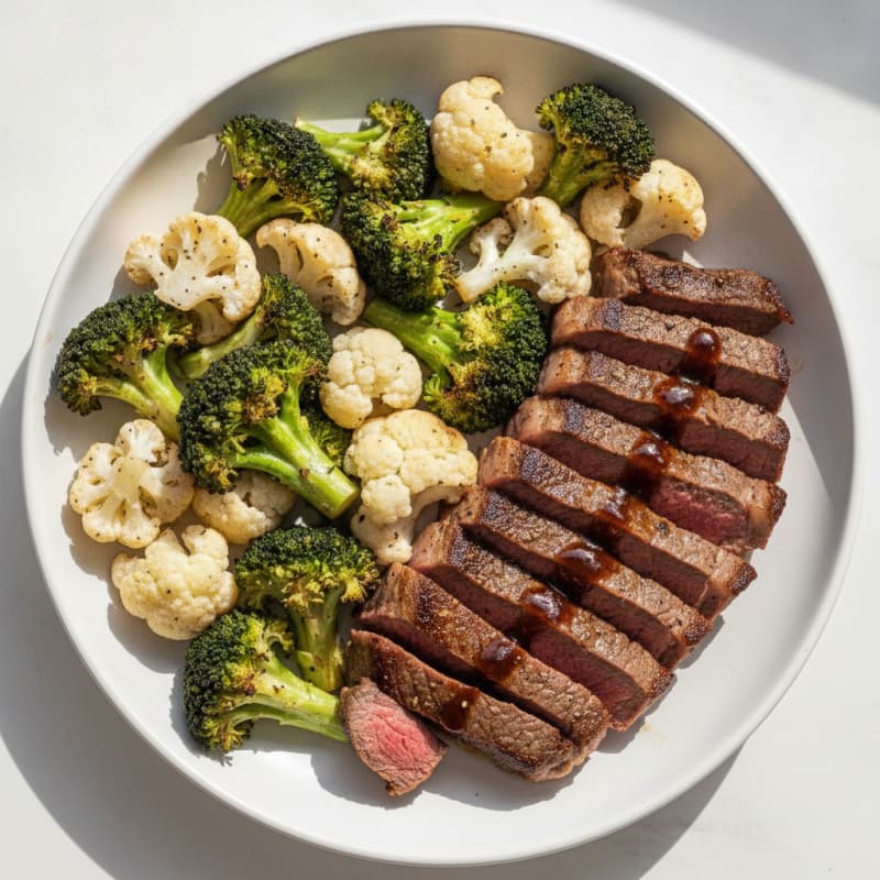 Seared Lean Beef with Roasted Broccoli and Cauliflower