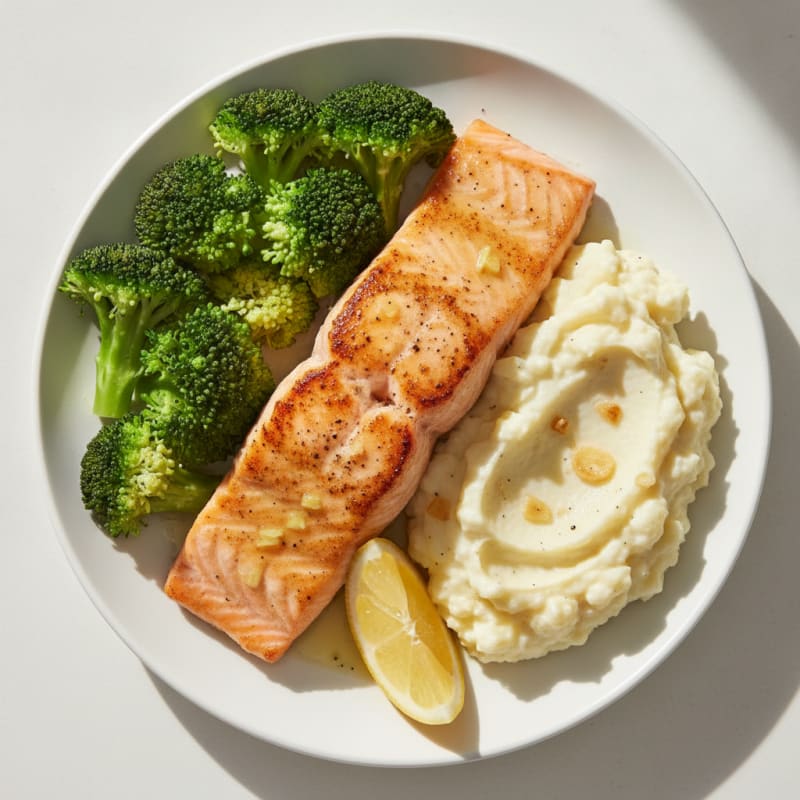 Seared Salmon Fillet with Steamed Broccoli and Garlic Mashed Cauliflower