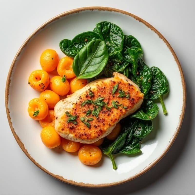 Creamy Sweet Potato Gnocchi with Pan-Seared Chicken and Wilted Spinach