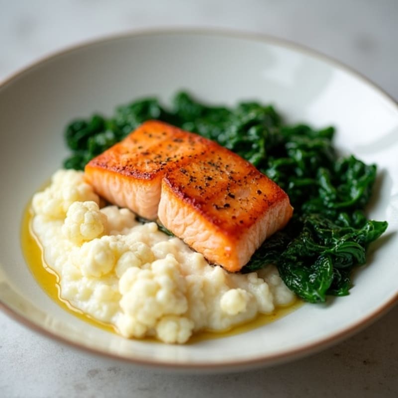 Seared Salmon Fillet with Creamy Cauliflower Mash and Sautéed Spinach
