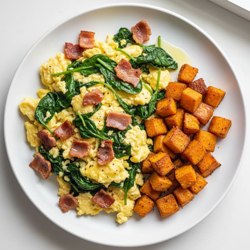 Crispy Turkey Bacon and Spinach Egg Scramble with Roasted Sweet Potato