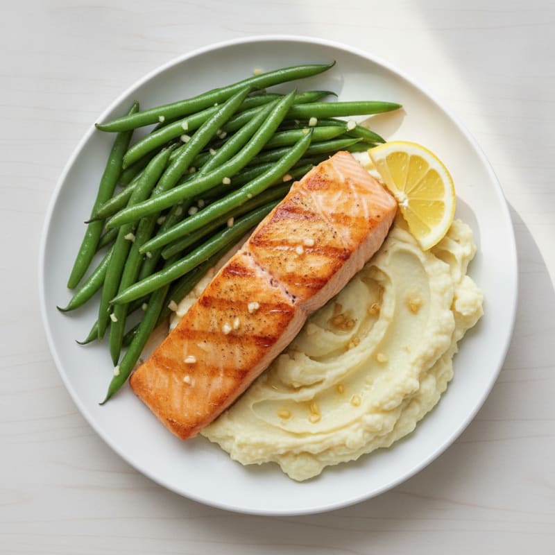 Seared Salmon with Steamed Green Beans and Mashed Cauliflower