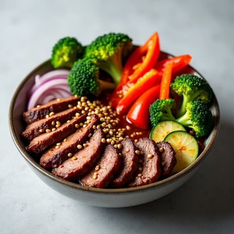 Sweet-Savory Sesame Beef Bowl with Charred Vegetables
