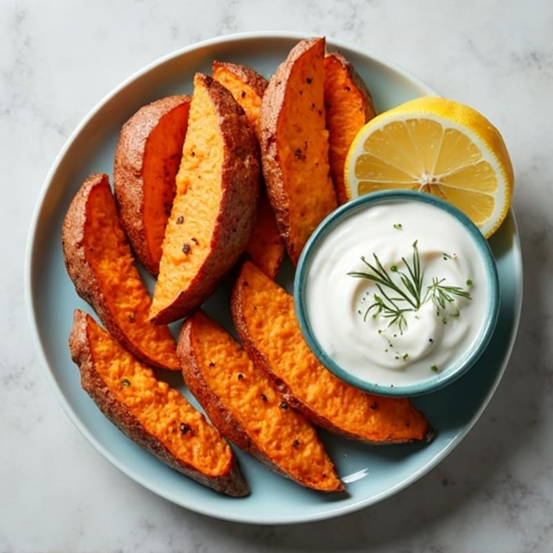 Crispy Baked Sweet Potato Wedges with Chicken Breast & Greek Yogurt Dip