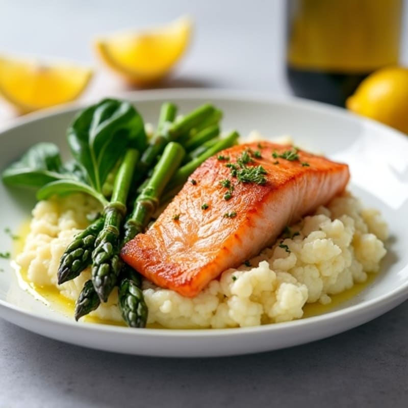 Seared Salmon with Steamed Asparagus and Cauliflower Mash