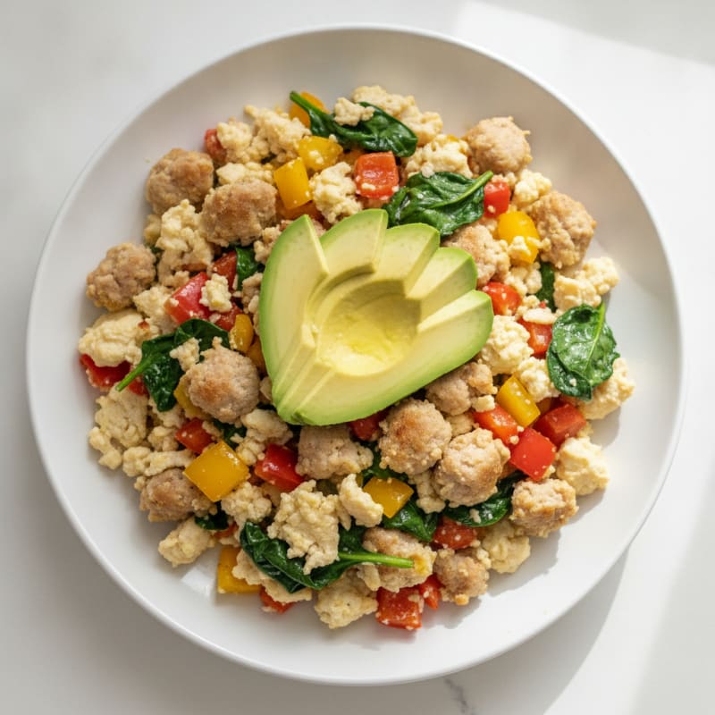 Egg White and Turkey Sausage Scramble with Spinach and Bell Peppers