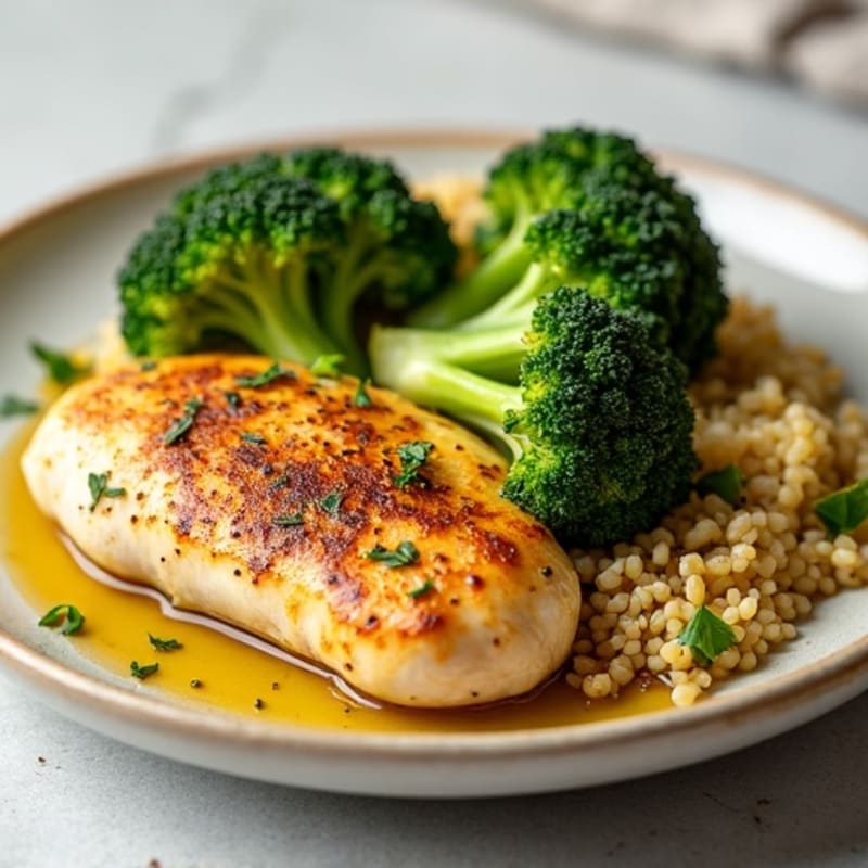 Lemon Herb Roasted Chicken with Crispy Roasted Broccoli and Quinoa