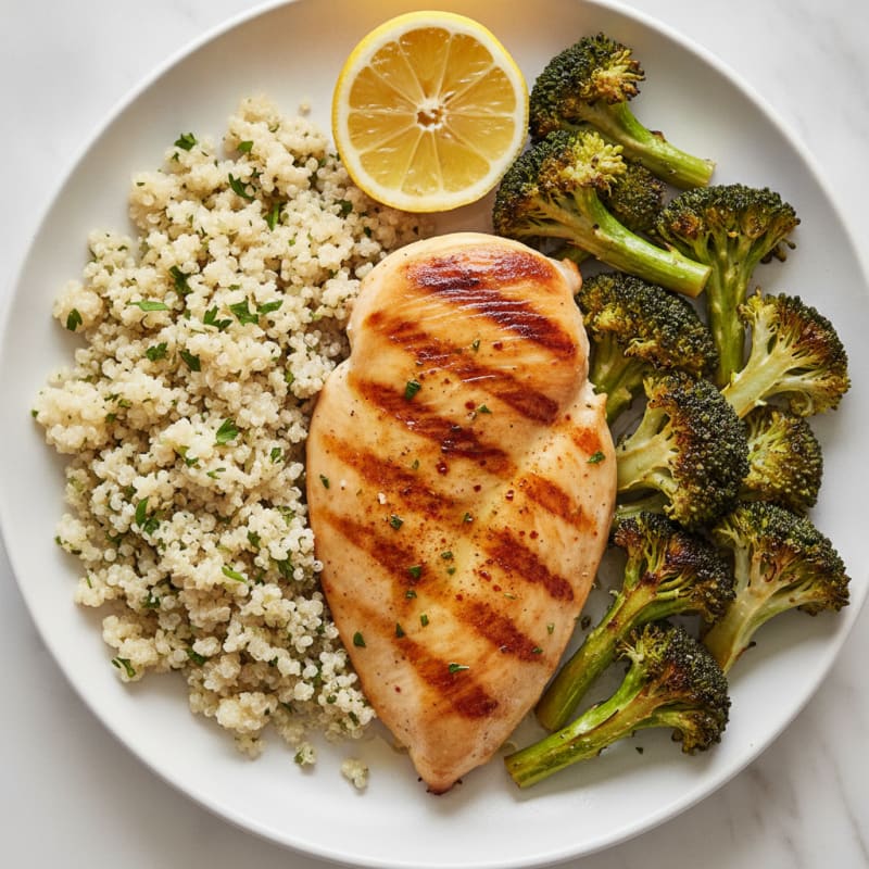 Crispy Grilled Chicken Breast with Quinoa and Roasted Broccoli