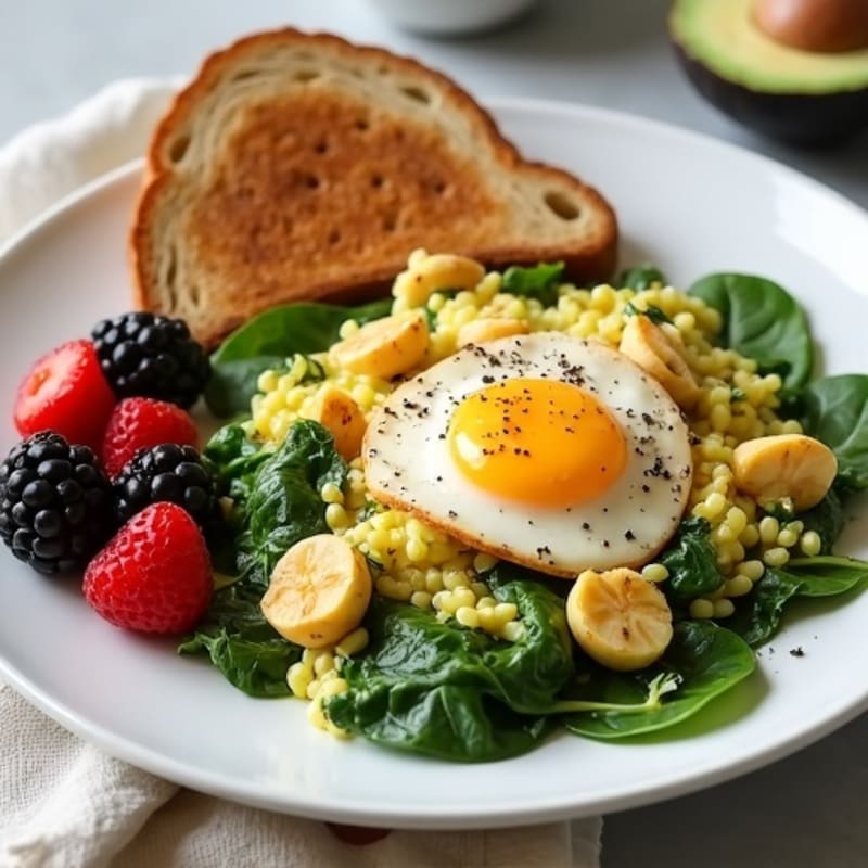 Egg White and Spinach Scramble with Grilled Chicken and Fresh Berries