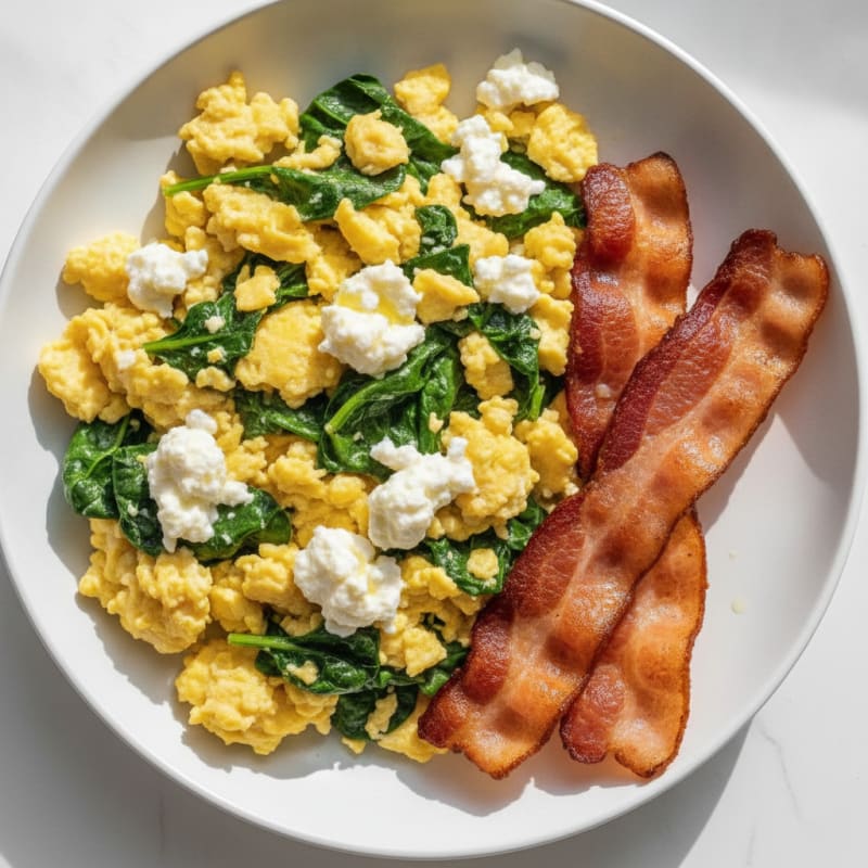 Cottage Cheese Egg Scramble with Spinach and Turkey Bacon