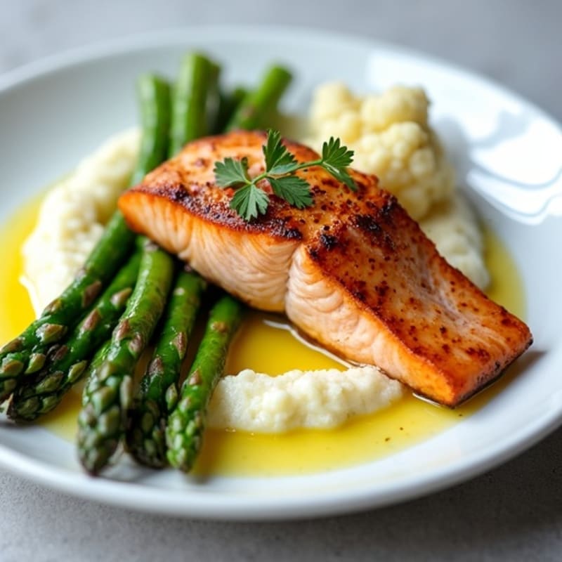 Seared Salmon with Steamed Asparagus and Cauliflower Mash