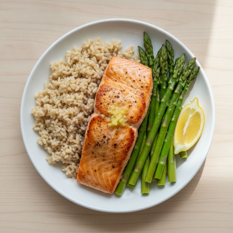 Seared Salmon with Steamed Asparagus and Brown Rice