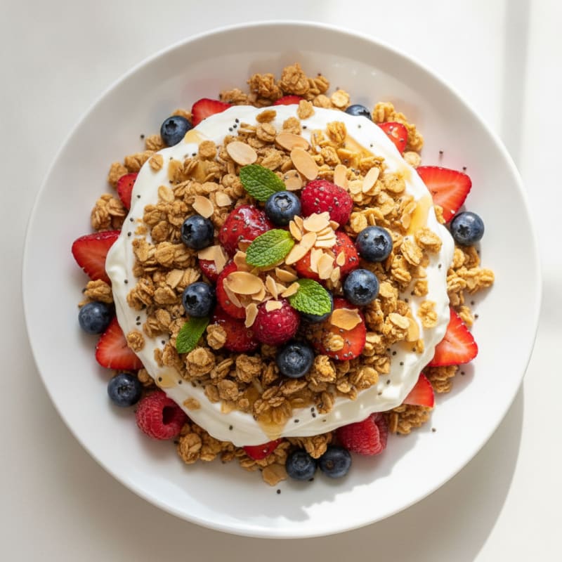Greek Yogurt Parfait with Crunchy Almond Granola and Fresh Berries