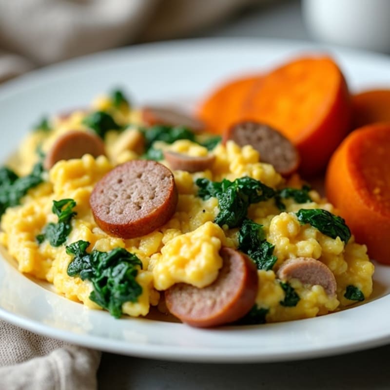 Egg White and Turkey Sausage Scramble with Spinach and Roasted Sweet Potato