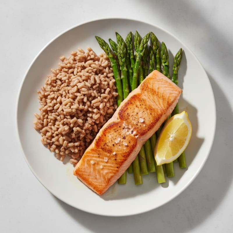 Seared Salmon Fillet with Steamed Asparagus and Brown Rice