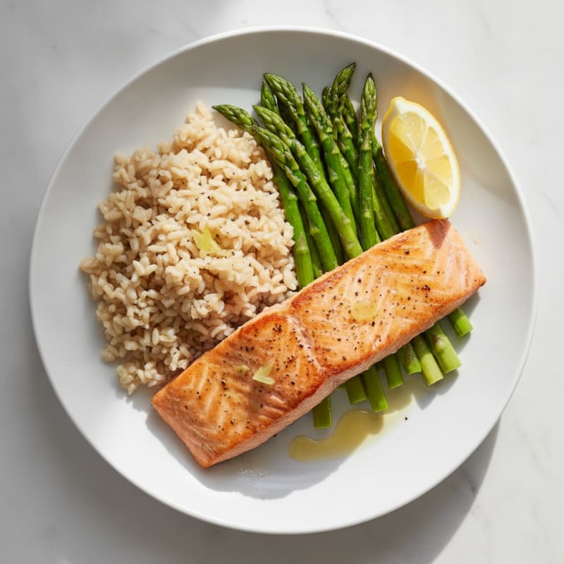 Seared Salmon Fillet with Steamed Asparagus and Brown Rice