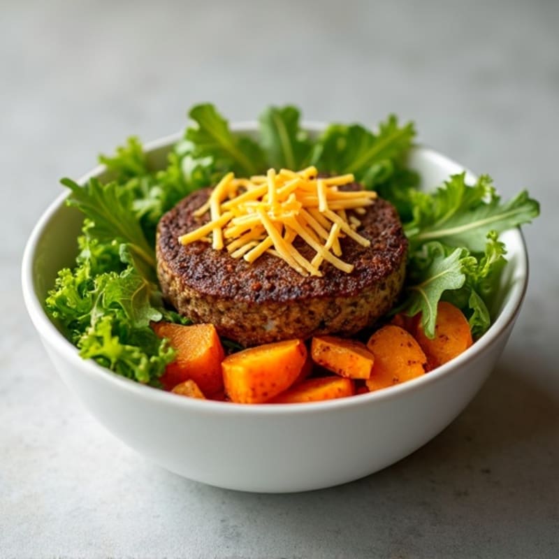 Lean Ground Beef Cheeseburger Bowl with Roasted Sweet Potatoes and Crispy Greens