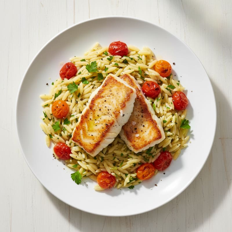 Mediterranean Pan-Seared Cod with Lemon-Herb Orzo