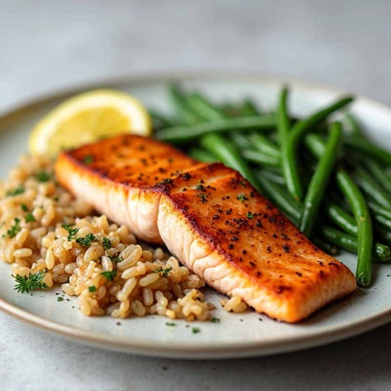 Seared Salmon Fillet with Garlic Green Beans and Brown Rice