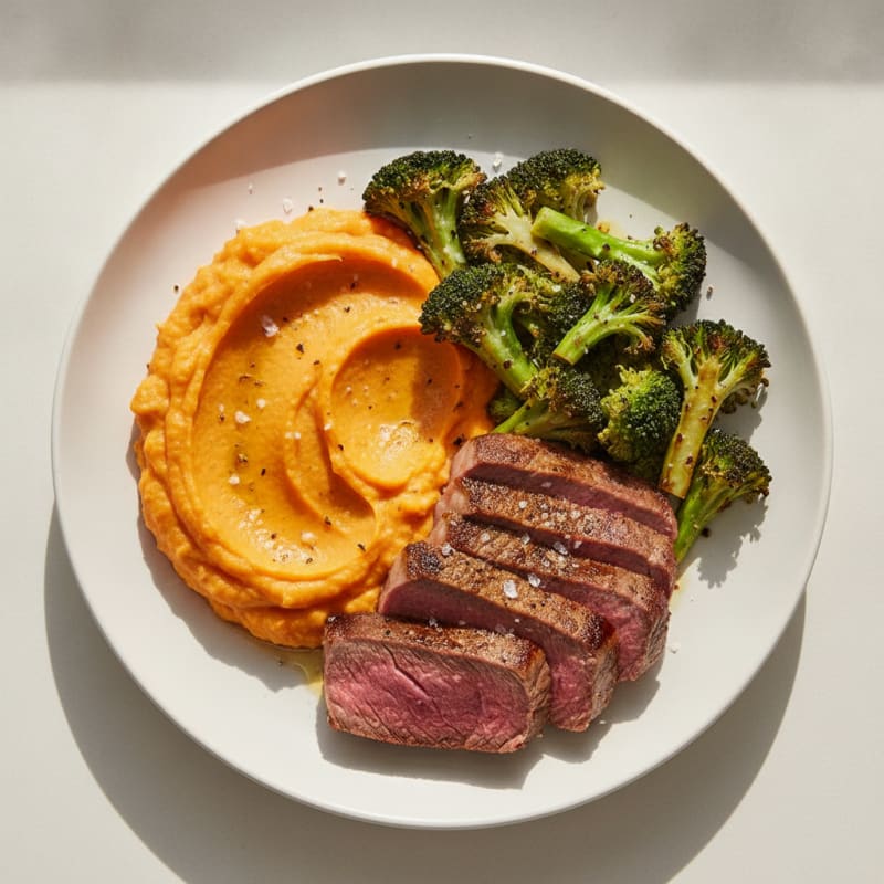 Seared Lean Beef with Roasted Broccoli and Sweet Potato Mash