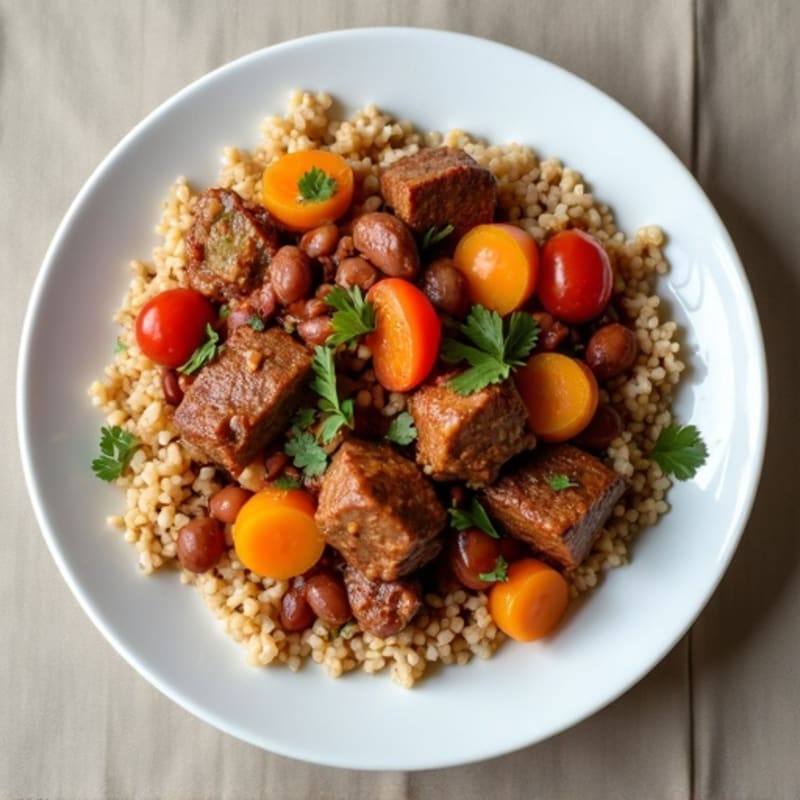 Slow-Simmered Beef and Vegetable Stew with Brown Rice