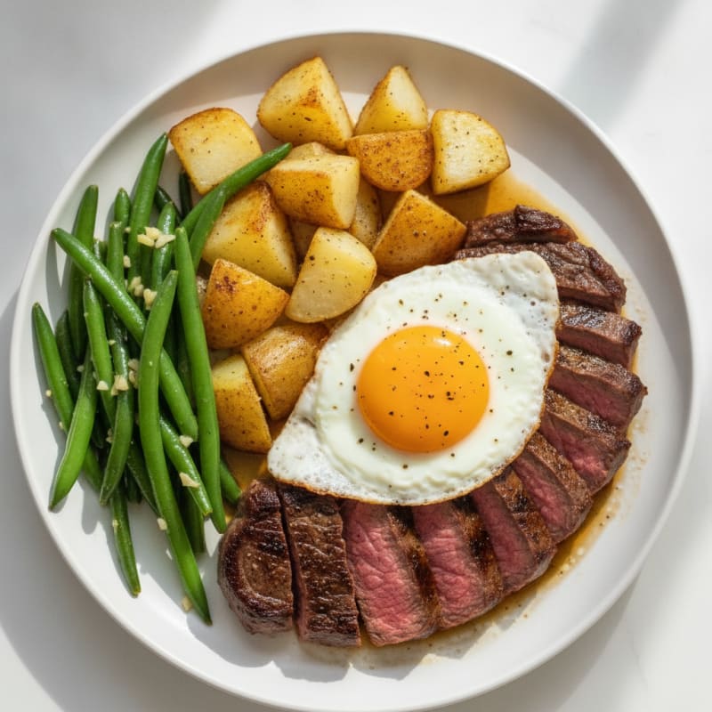 Seared Steak with Garlic String Beans and Roasted Potatoes