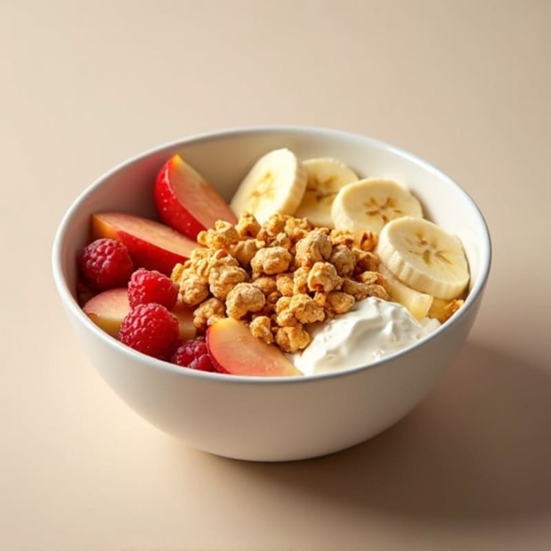 Cottage Cheese Peanut Butter Protein Bowl with Mixed Fruit and Popcorn Crunch