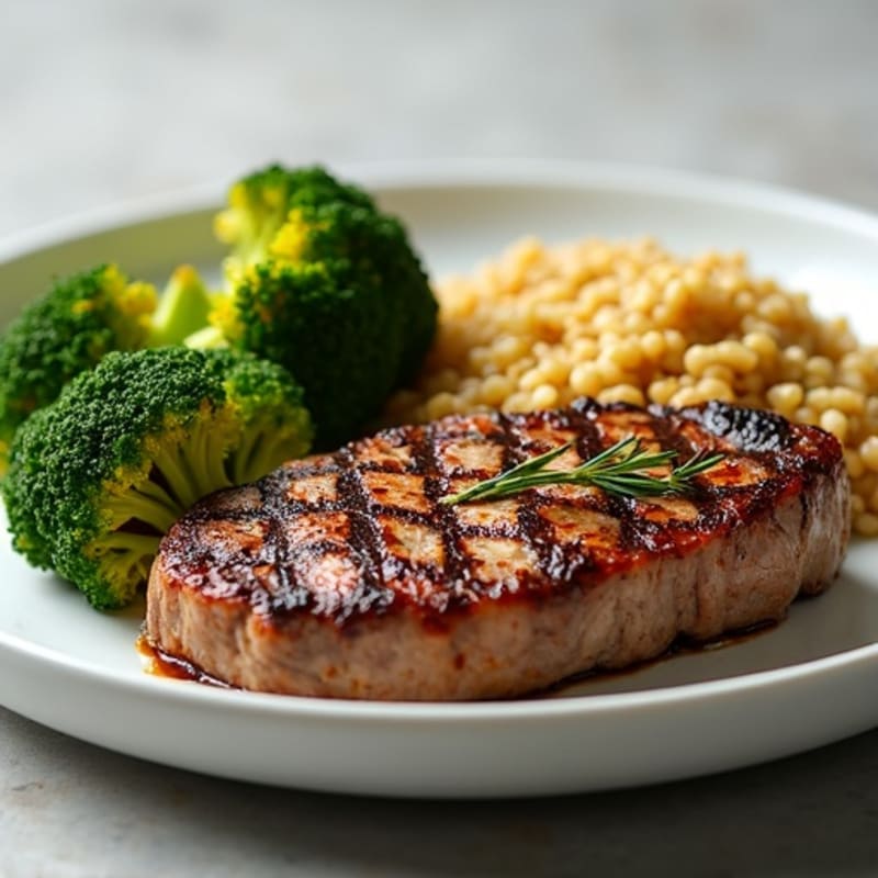 Grilled Lamb Steak with Roasted Broccoli and Quinoa