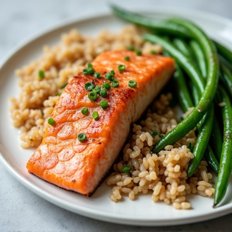 Seared Salmon with Garlic Green Beans and Brown Rice