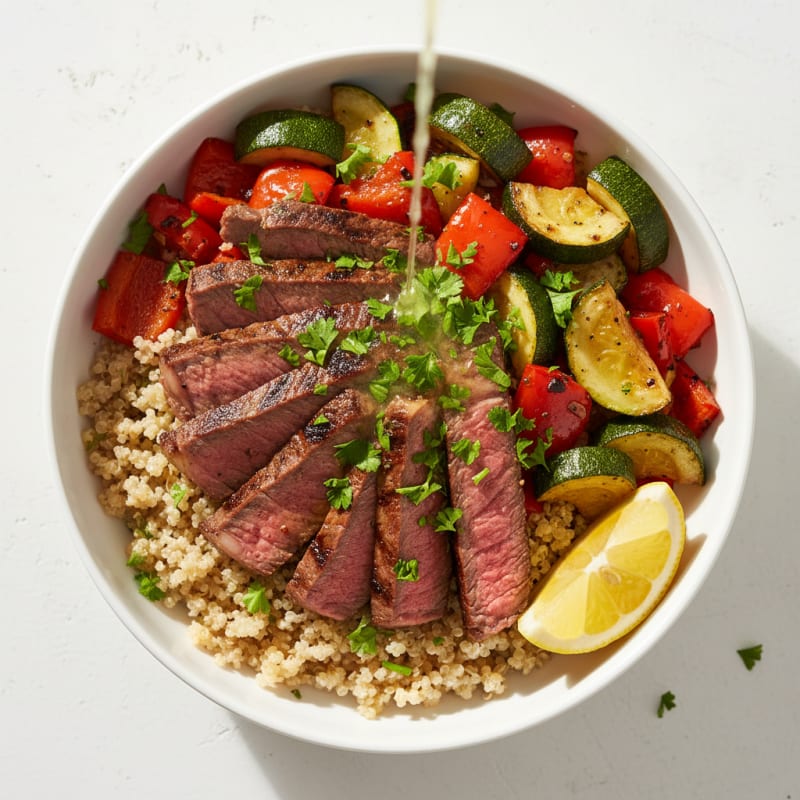 Grilled Beef and Roasted Vegetable Bowl with Quinoa