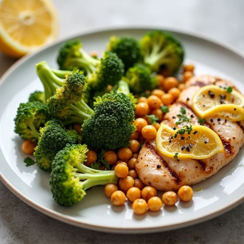 Crispy Roasted Broccoli with Lemon and Garlic (with Grilled Chicken and Roasted Chickpeas)