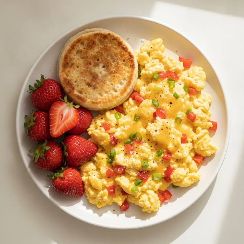 Cheesy Egg Scramble with Crumpet and Strawberries