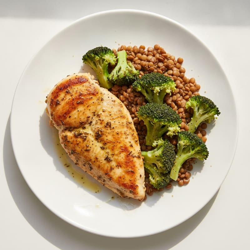 Seared Herb Chicken Breast with Steamed Broccoli and Lentils