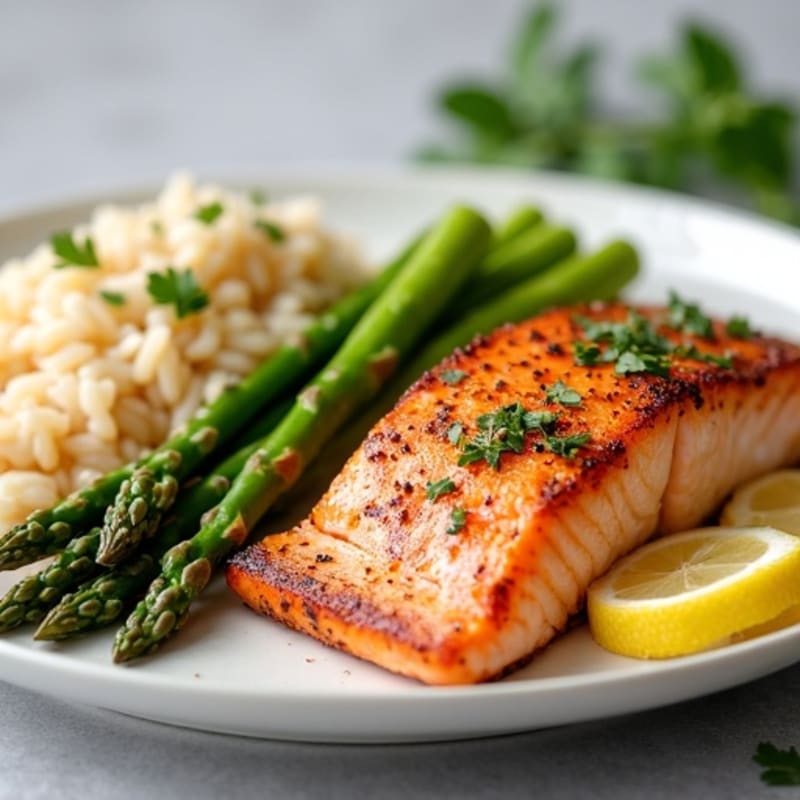 Seared Salmon with Steamed Asparagus and Brown Rice