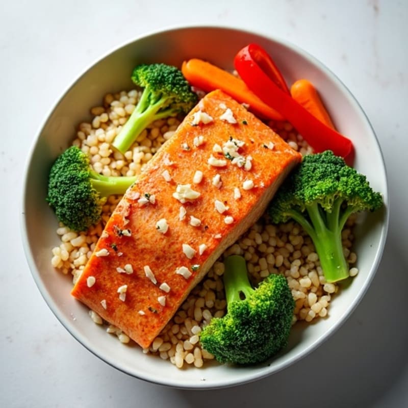 Fresh Salmon and Crispy Vegetable Rice Bowl with Creamy Ginger Dressing