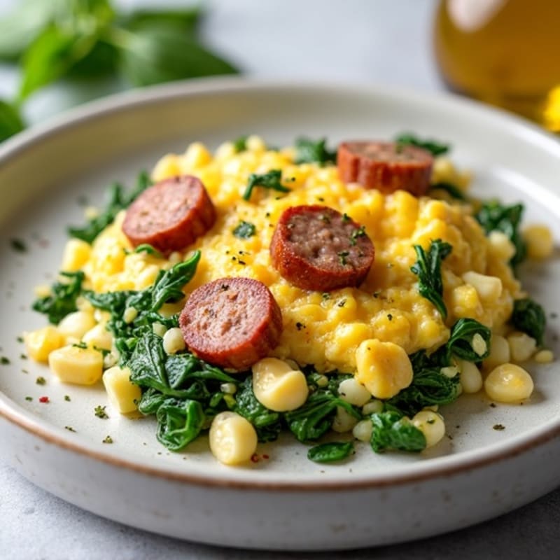 Cottage Cheese Scramble with Turkey Sausage and Spinach
