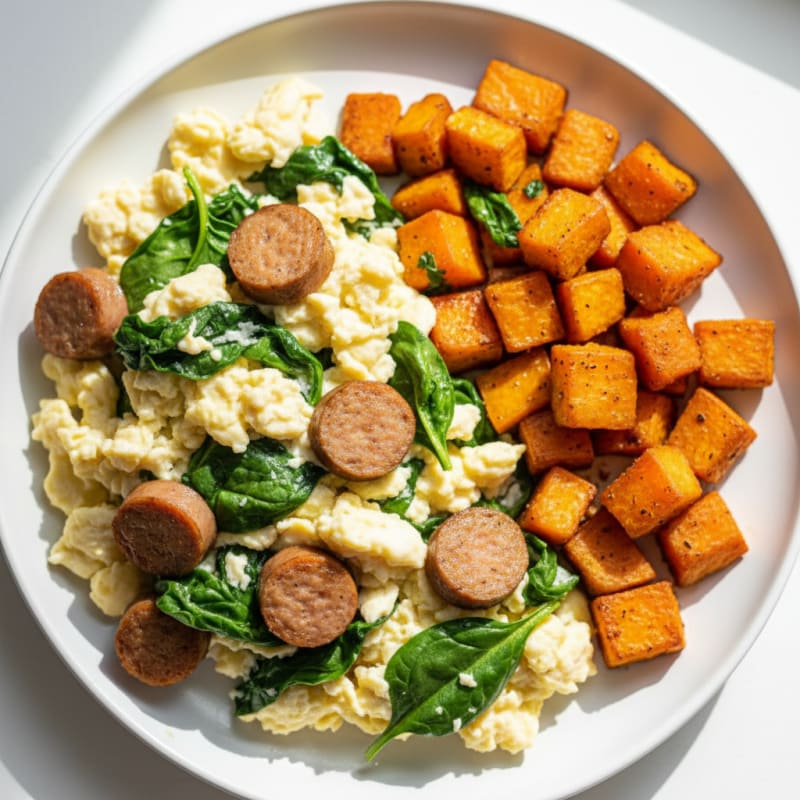 Scrambled Egg Whites with Turkey Sausage and Roasted Sweet Potato
