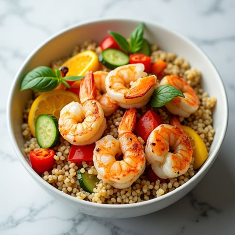 Grilled Shrimp and Quinoa Bowl with Crunchy Vegetables and Lemon Vinaigrette
