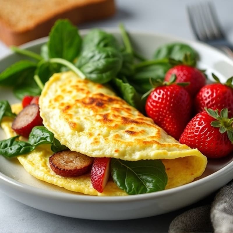 Egg White Omelet with Spinach and Chicken Sausage, Toast & Strawberry Side
