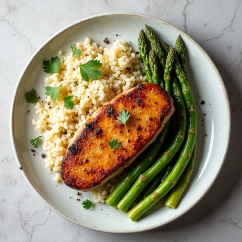 Pan-Seared Pork Fillet with Herbed Rice and Roasted Asparagus