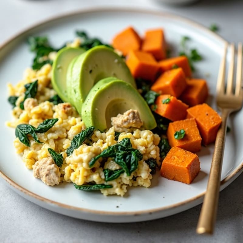 Chicken and Spinach Egg White Scramble with Roasted Sweet Potatoes